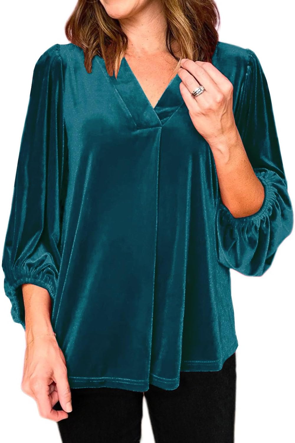 Womens Velvet Tops V Neck 3/4 Puff Sleeve Fall Winter Trendy Dressy Casual Loose Christmas Party Holiday Tunic Shirts - Image 2