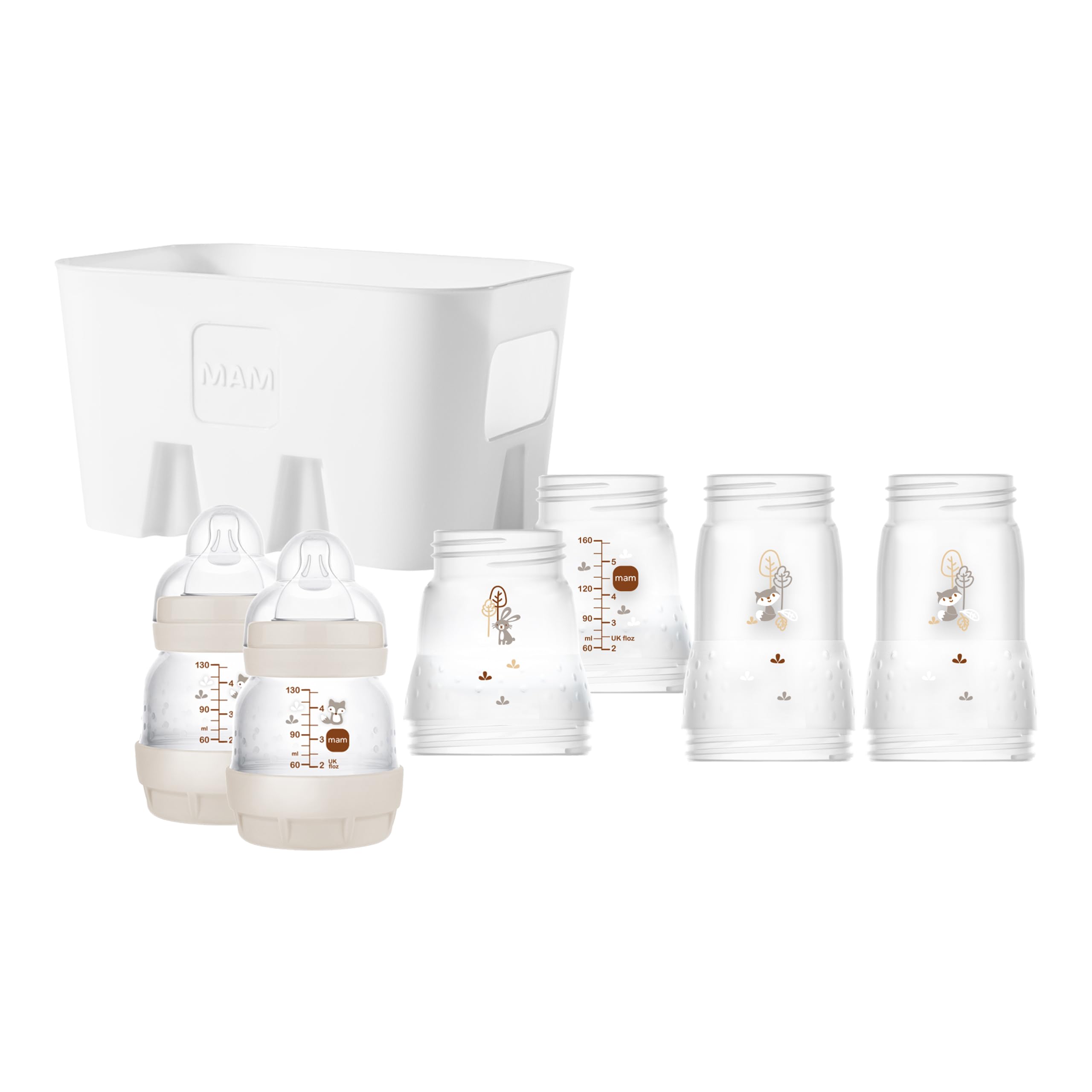 MAM Easy Start - Set di 6 biberon anti-coliche (2 x 130 ml, 160 ml, 260 ml) e cestino per biberon, colore: Beige