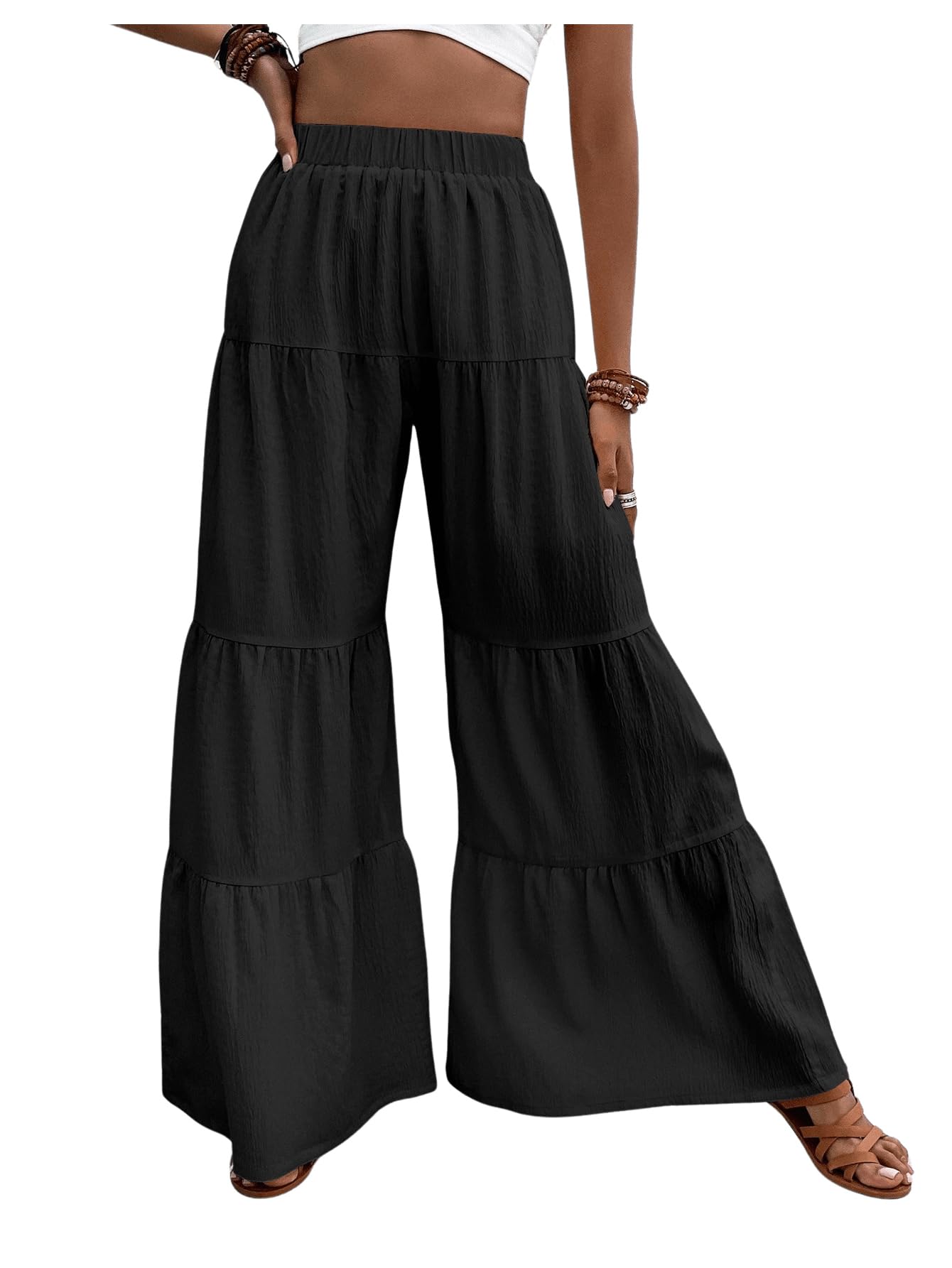 Floerns Womens Elastic High Waist Ruffle Wide Leg Pants Loose Beach Palazzo Pants