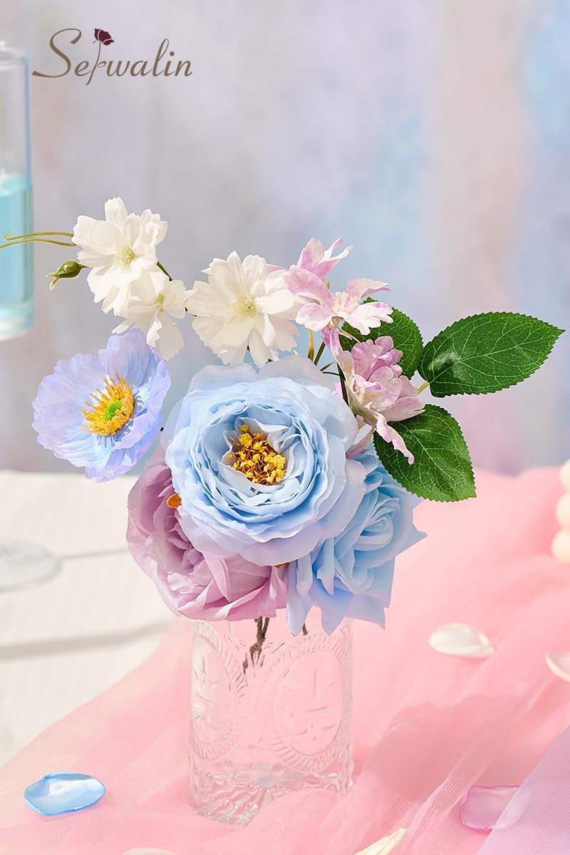 Serwalin Artificial Blue & Purple Flowers, Silk Fake Flowers for DIY Wedding Bouquets Cake Flowers, Table Centerpieces Baby Shower Birthday Party Home Decorations