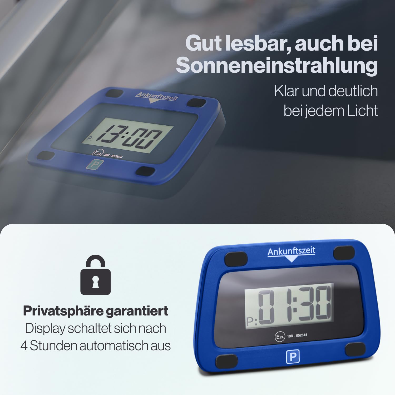 Parkwächter V0 Digitale Parkscheibe mit 2 Scheibenadapter, entspricht der Straßenverkehrsordung, elektronische Parkuhr für das Auto in blau 111 x 72 x 25 mm
