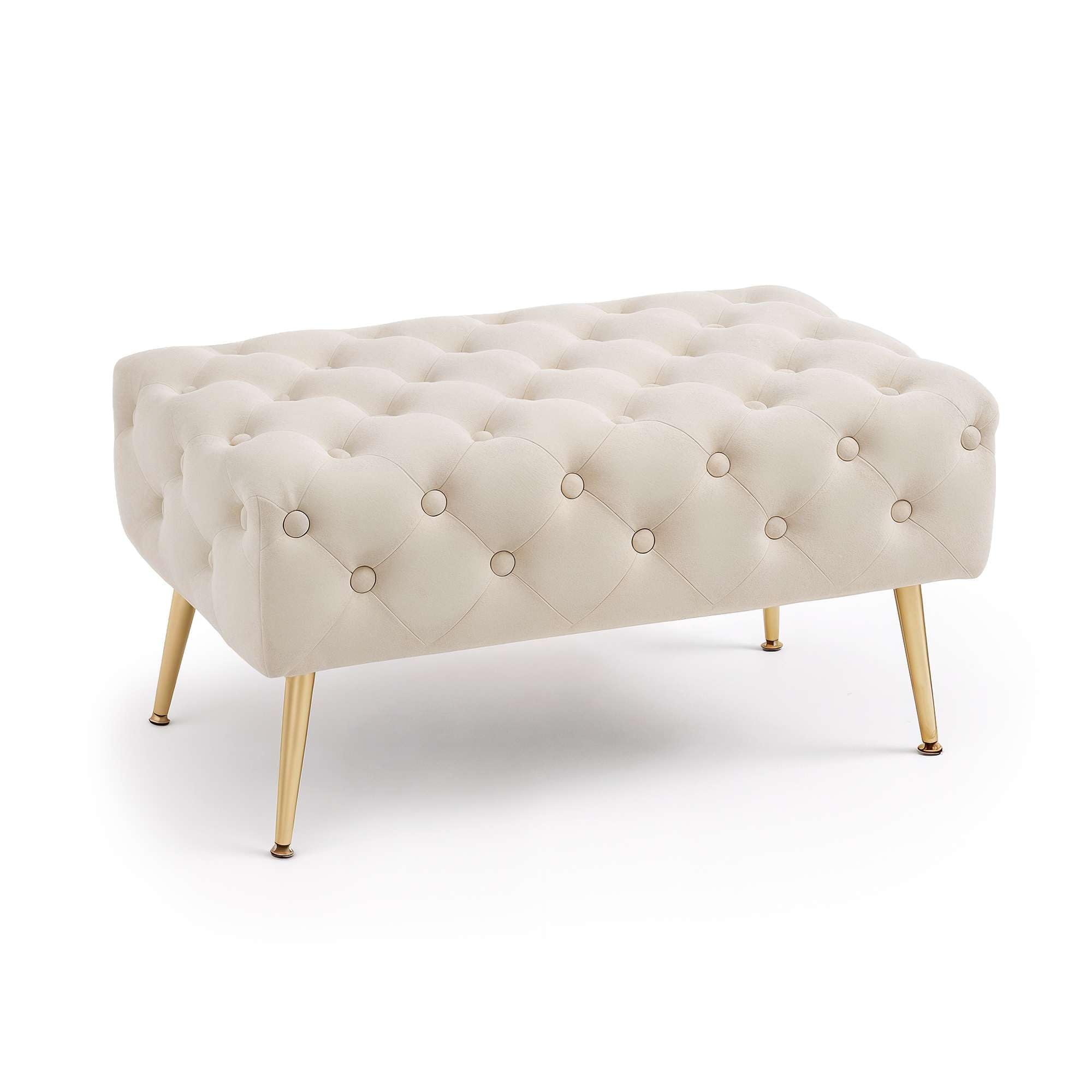 AKORD Banc Banquette en Velours Capitonné Madrid 80 cm, Bout de lit Capitonnée, Piètement Métal Doré, Repose-Pieds, 80 x 41 x 42 cm, pour Entrée Salon Chambre à Coucher, Beige