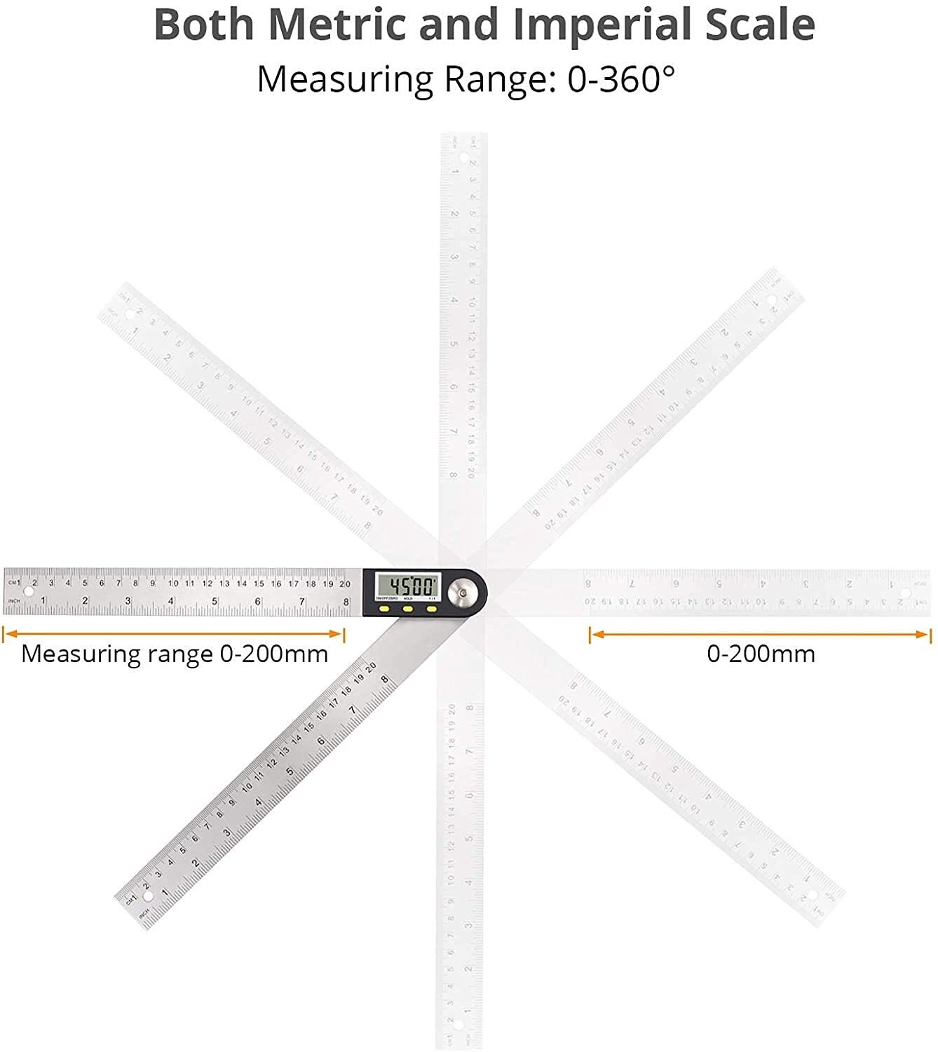 WJJ Digital Angle Finder Goniometro in Acciaio Inox Angolo Finder Righello 0-360 ° for la Lavorazione del Legno Riparazione della Costruzione (Size : 8inch/200mm)
