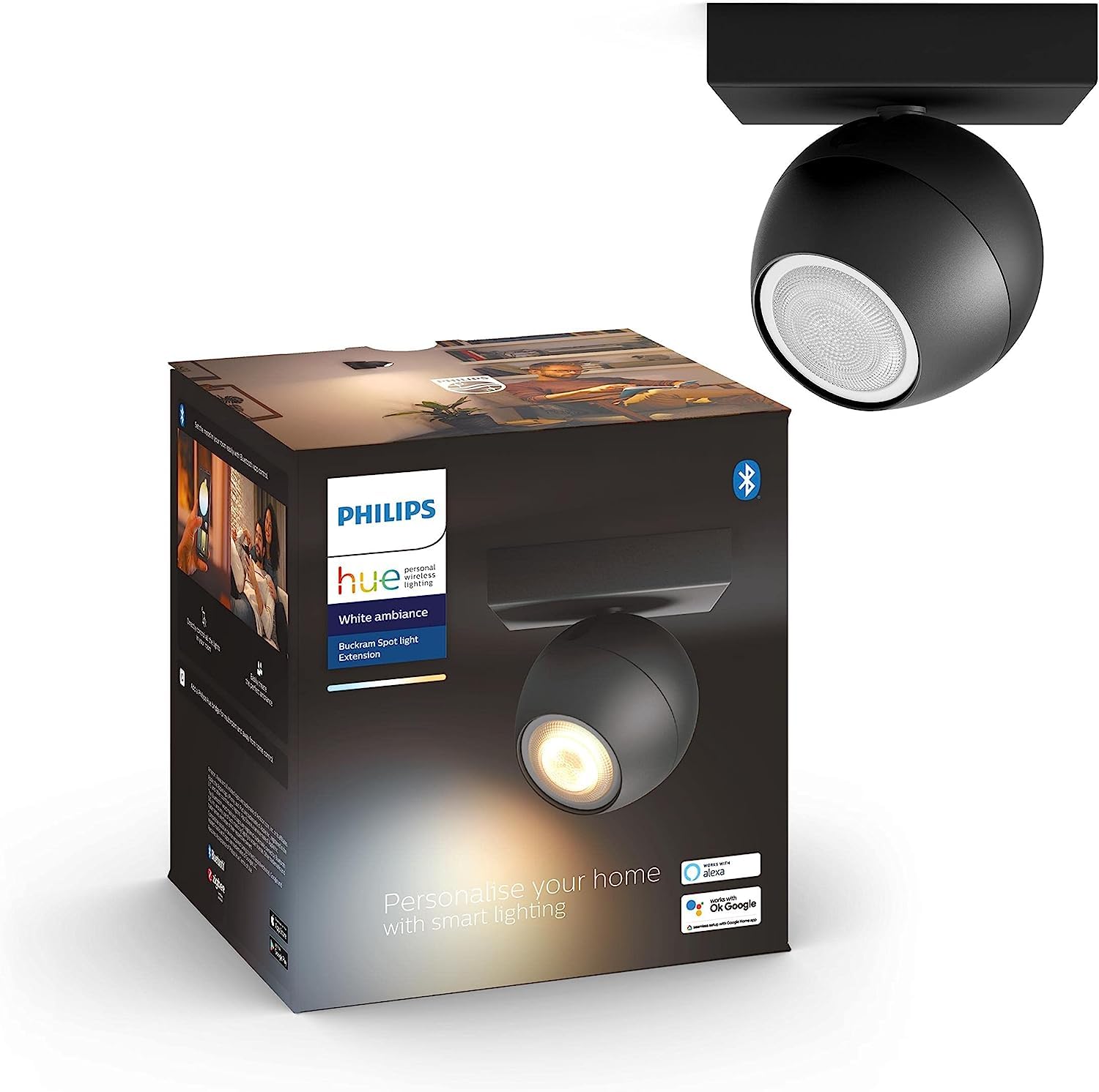 Philips Hue – Foco led inteligente Philips Hue Buckram, Luz Blanca Cálida a Fría, Compatible con Alexa y Google Home, Color Negro