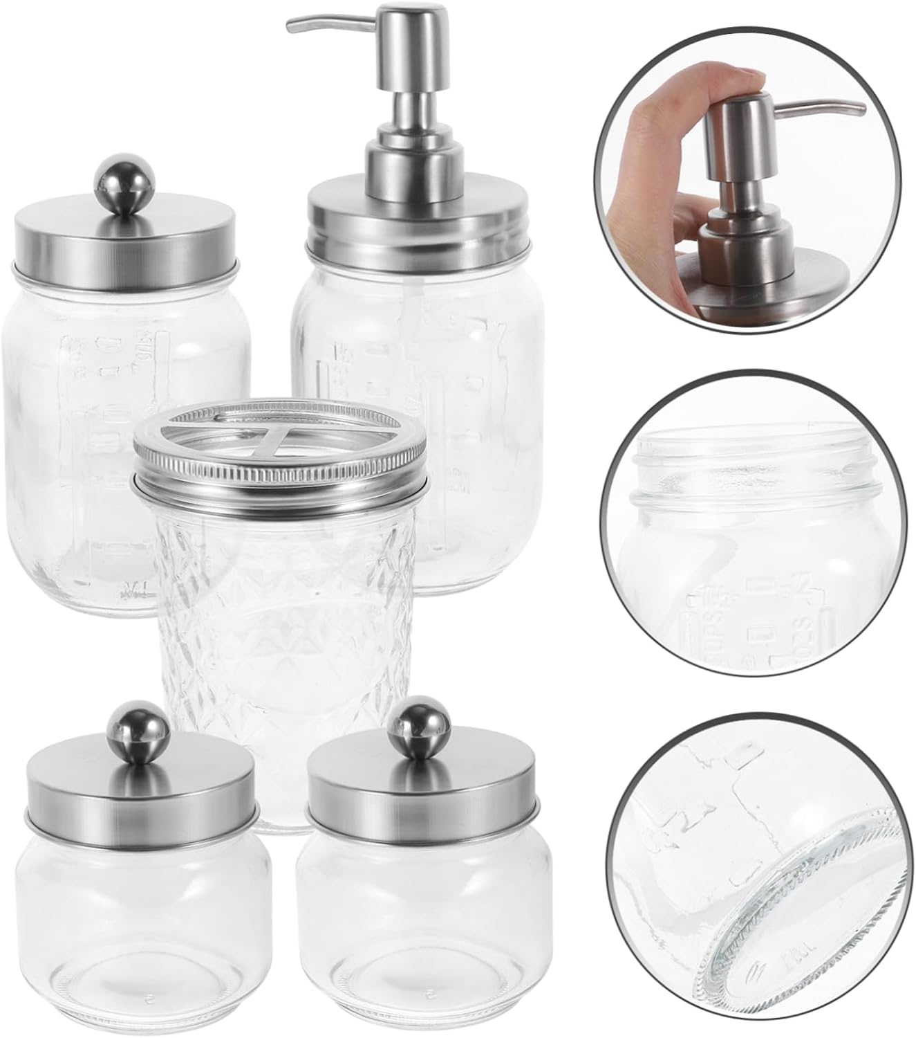 Mason Jar Bathroom Accessories Set 5 Piece Rustic Foaming Soap Dispenser Toothbrush Holder and 3 Apothecary Jars for Cottage Decor and Storage