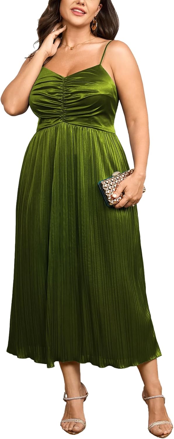 SCOMCHIC Women's Plus Size Dress Pleated V Neck Sleeveless Spaghetti Strap A Line Cocktail Party Cami Long Maxi Dress