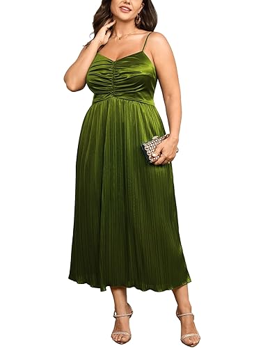 SCOMCHIC Women's Plus Size Dress Pleated V Neck Sleeveless Spaghetti