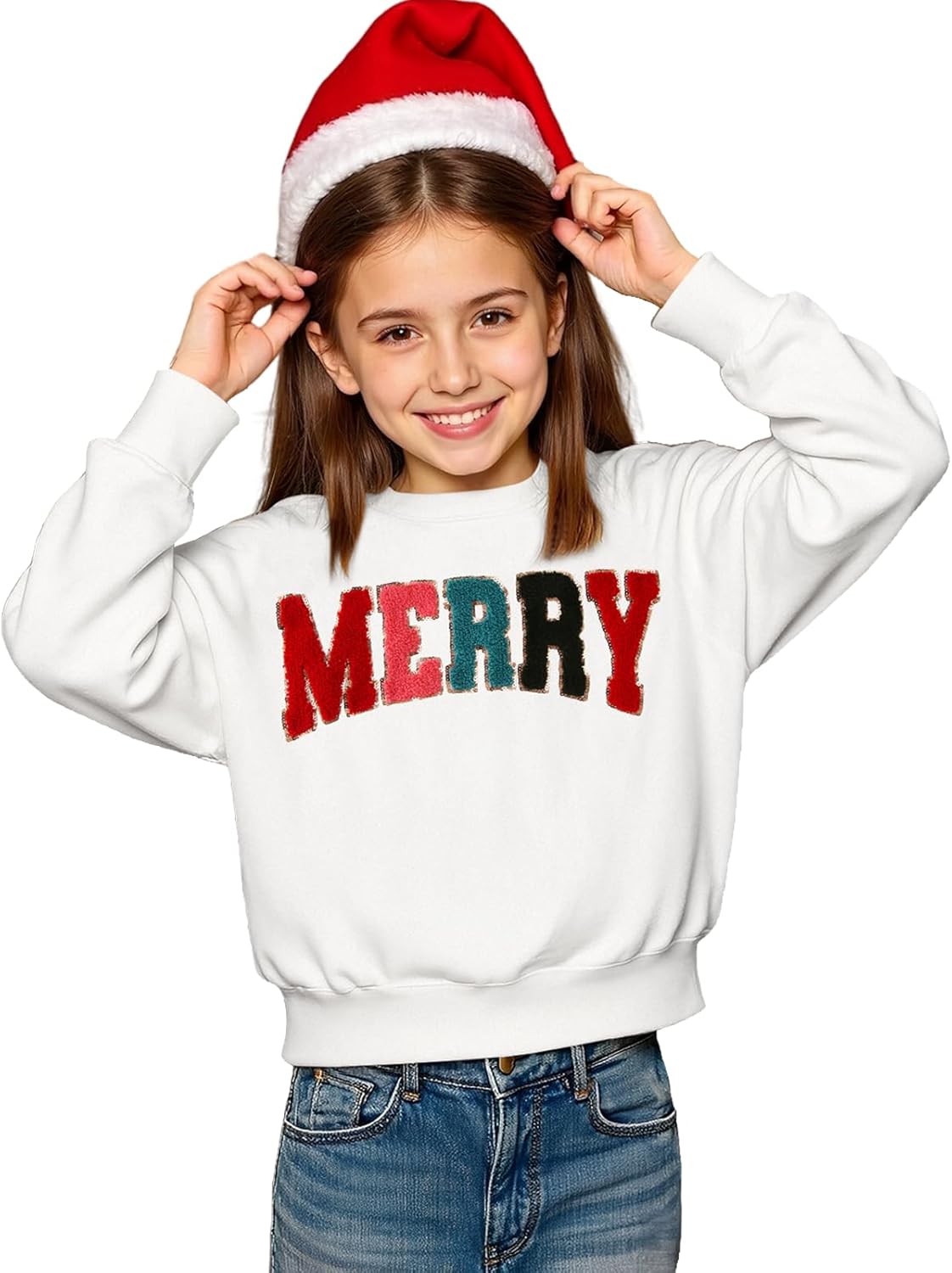 クリスマス スウェットシャツ 女の子 男の子 メリー シェニール パッチ プルオーバー シャツ キッズ クリスマス クルーネック 長