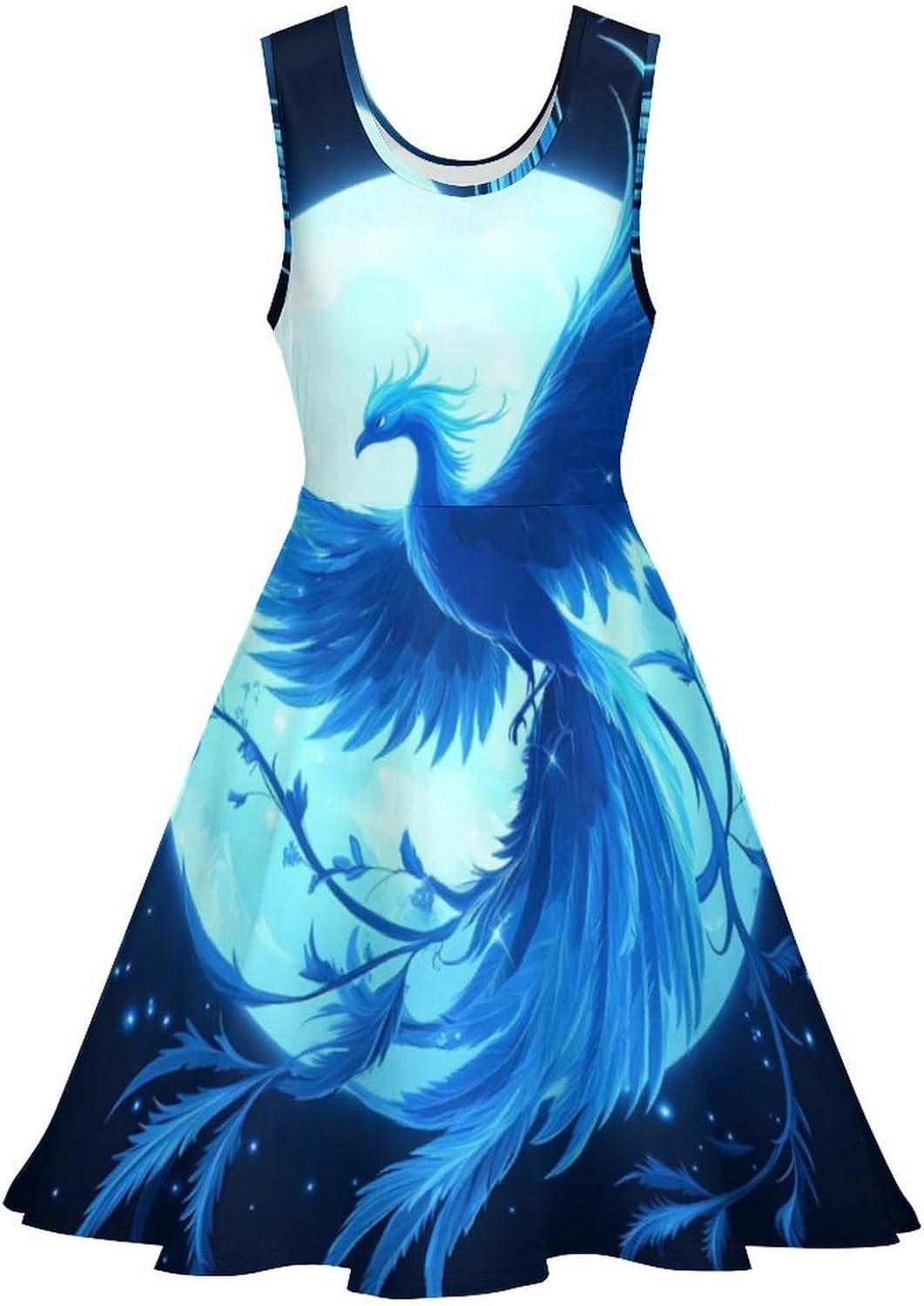 Iced Phoenixess Full Moon Women's Dresses Round Neck Dress Sleeveless Tank Dress Ruffle Hem Sundress