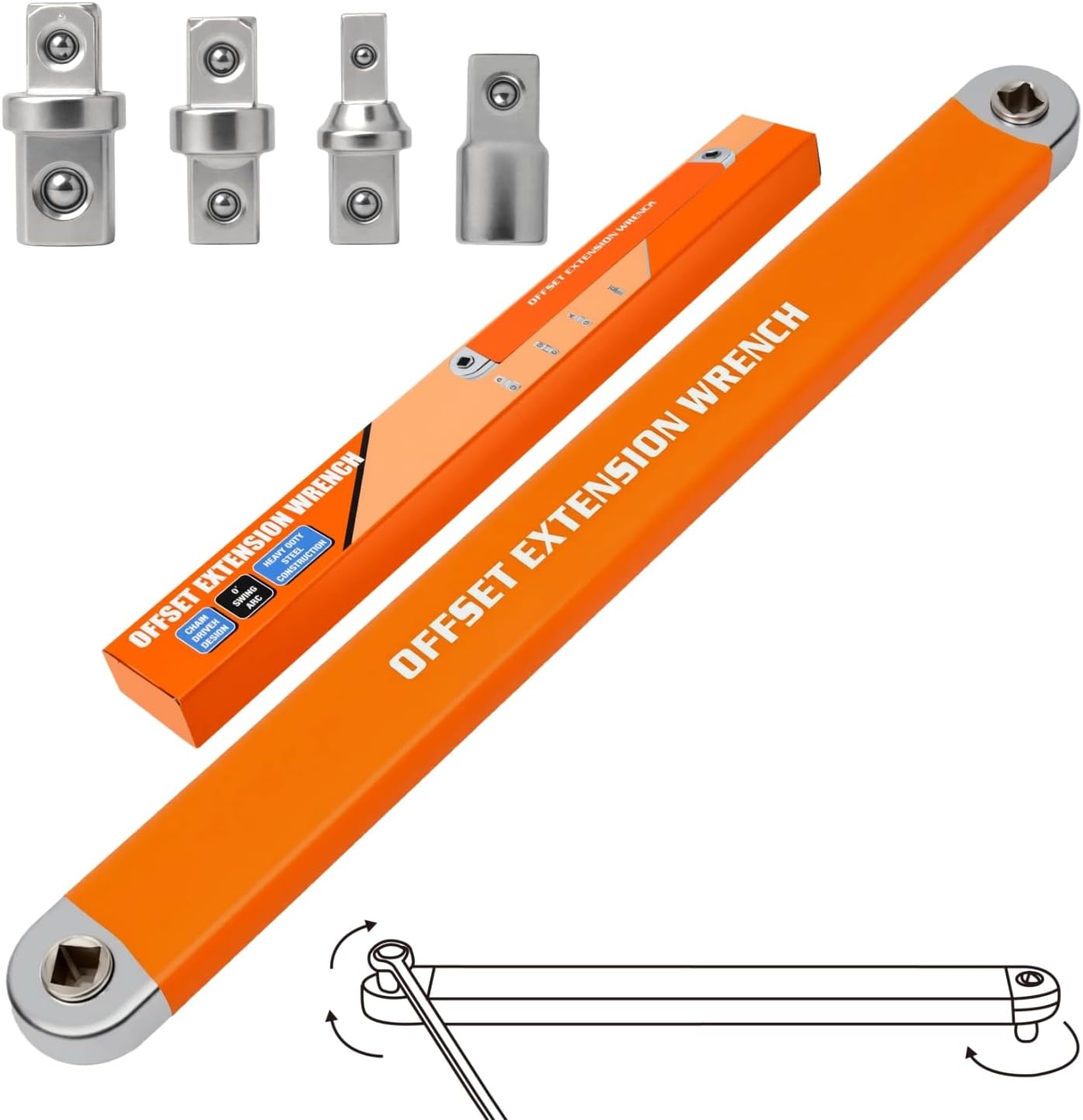 Offset Extension Wrench, Zero Degree Ratchet Extension Set Impact Ready Socket Wrench Extender Tool with 1/2", 1/4", 3/8" Drive Adapters and 1/4" Socket for Tight Place (Blue)