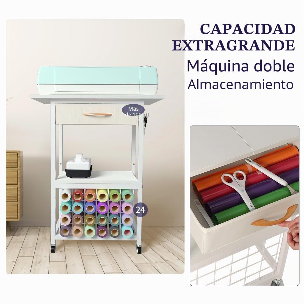 Organizadores y Almacenamiento Compatibles con Máquinas Cricut, Carrito de Almacenamiento para Manualidades con Cajón, Mesa para Manualidades con Soportes para Rollos de Vinilo, Estación de