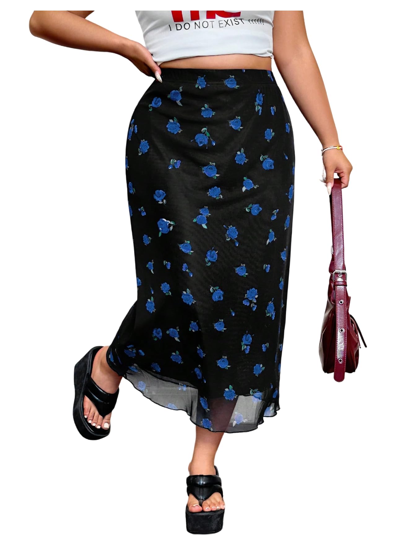 Floerns Womens Plus Size Teacher Outfits Mesh Floral Boho High Waisted Midi Skirt Ruffle Hem Going Out A