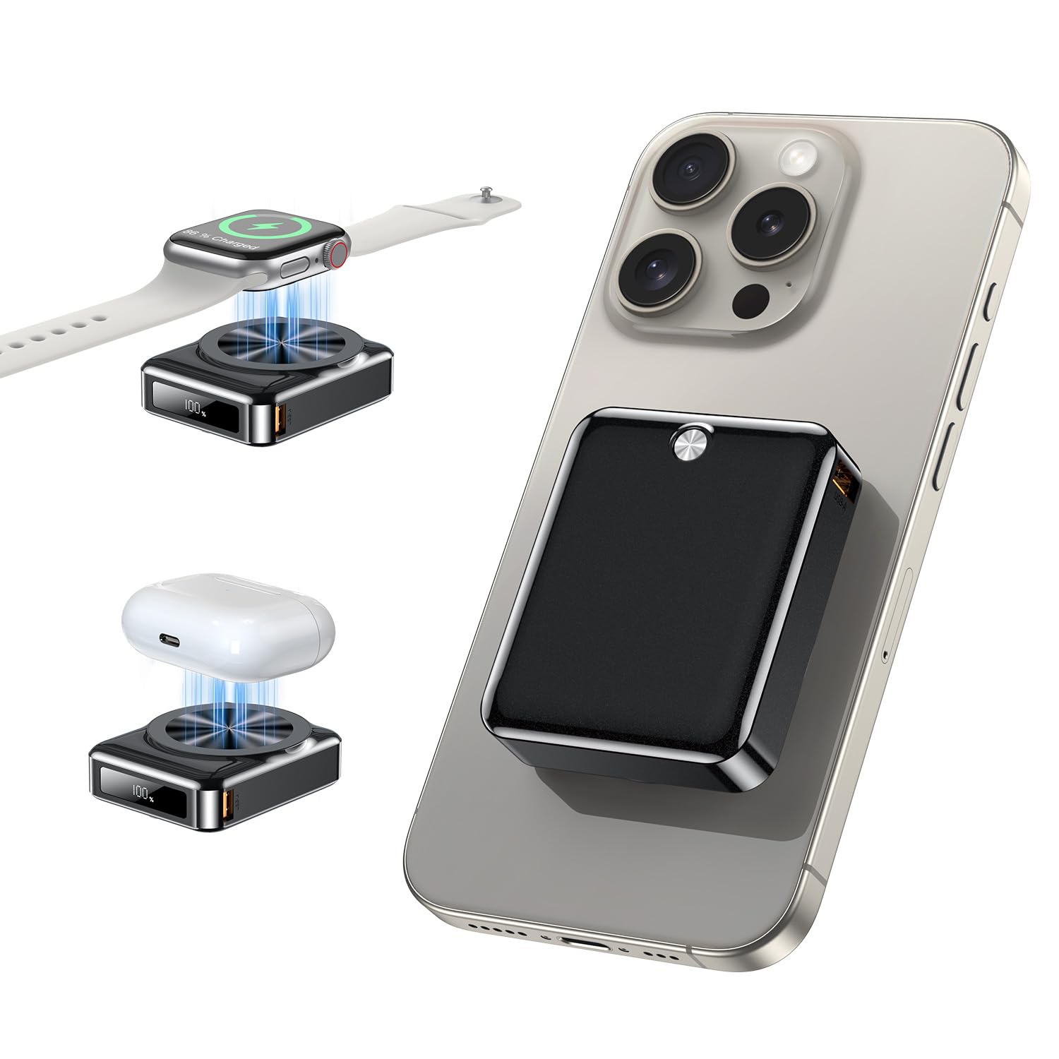 MEKIKI Portable Charger 10000mAh,3-in-1 Magnetic Power Bank,22.5W Fast Charging USB-C Battery Pack for iPhone 16/15/14/13/12,Apple Watch Series,Airpods