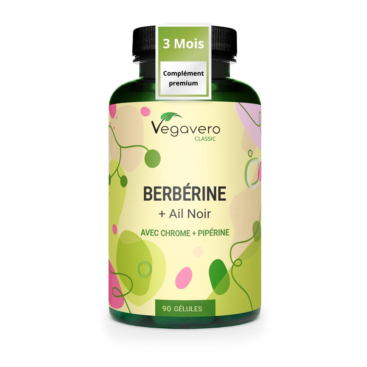 Berberine 1032 mg | Avec Ail Noir, Chrome et Poivre | 3 MOIS | 97% Berbérine HCl | Cholestérol + Métabolisme | 90 Gélules | Sans Additifs | Vegavero®