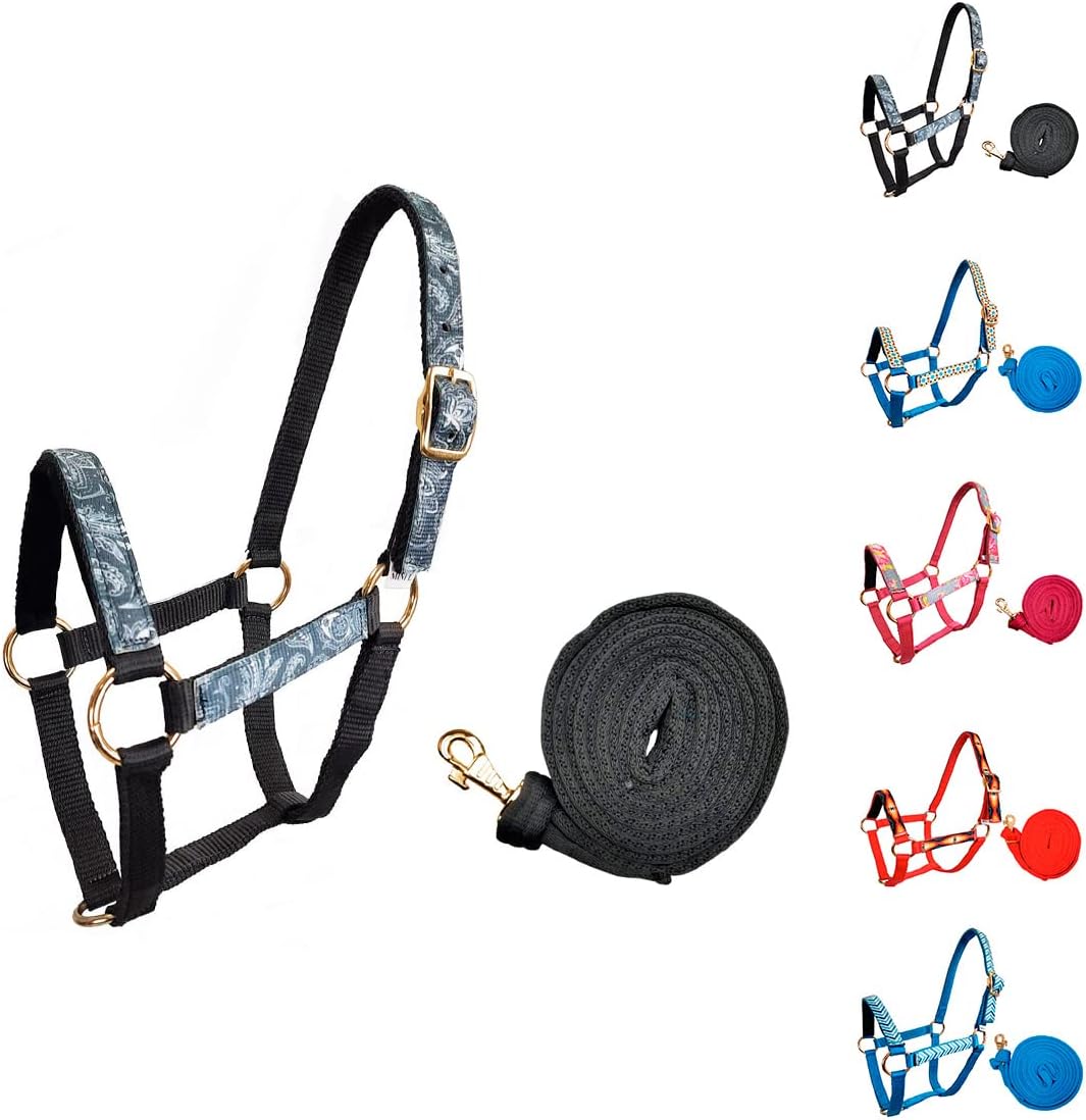 Tahoe Tack Patterned Nylon Mini Horse Halters with Padded Noseband and Matching 7’ Soft Grip Lead Rope - 6 Month Warranty