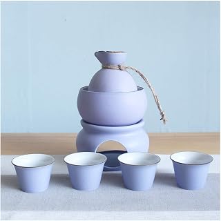 Sake Cup Set, Storage Box Sake Set Mugs with Warmer, Ceramic Hot Drink, 7 Pieces Including Stove, Heat Cup, Sake Bottle for 4 Mugs (Purple Q)