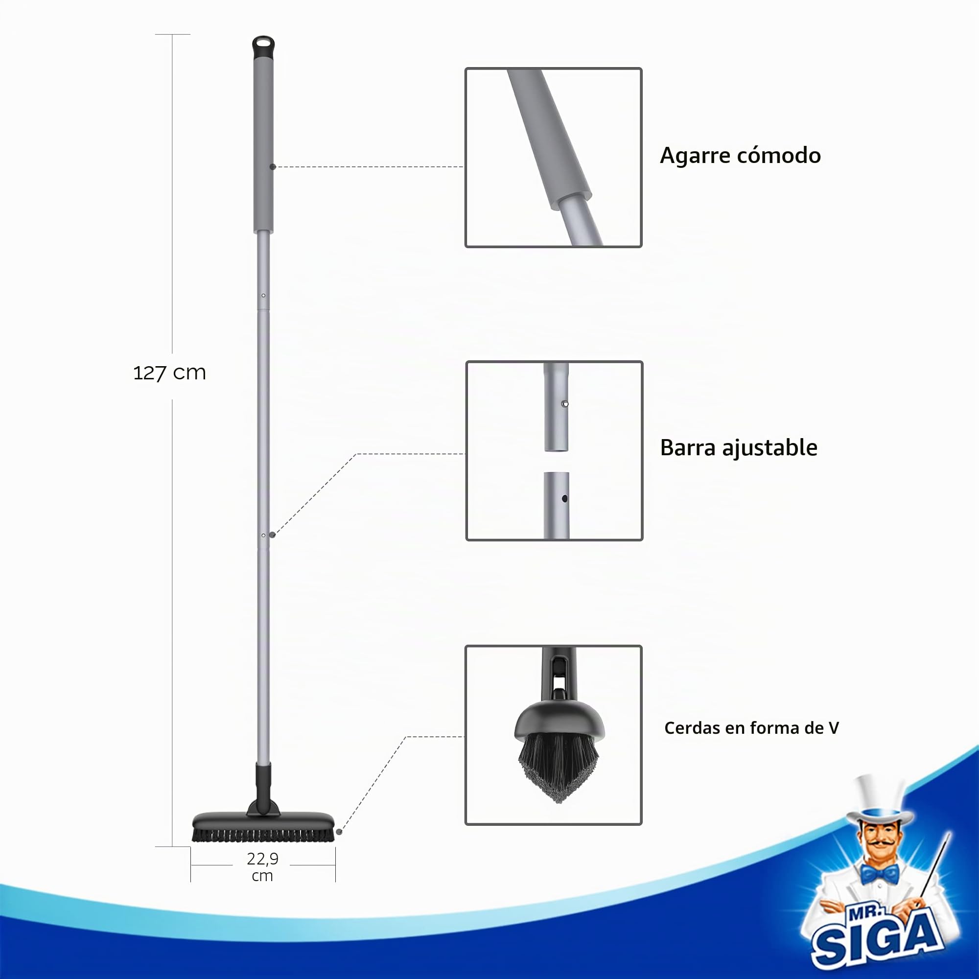 MR.SIGA Cepillo para lechada con Mango Largo, Cepillo para Fregar con cerdas rígidas para Limpiar lechada y baldosas