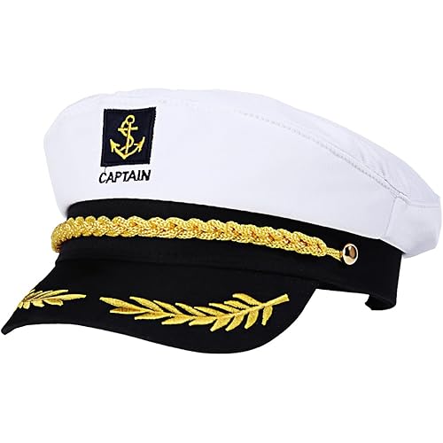 Adult Yacht Boat Sailor Captain Costume Hat Cap Marine Admiral (White), As Shown, 22 x 15 x 5 cm
