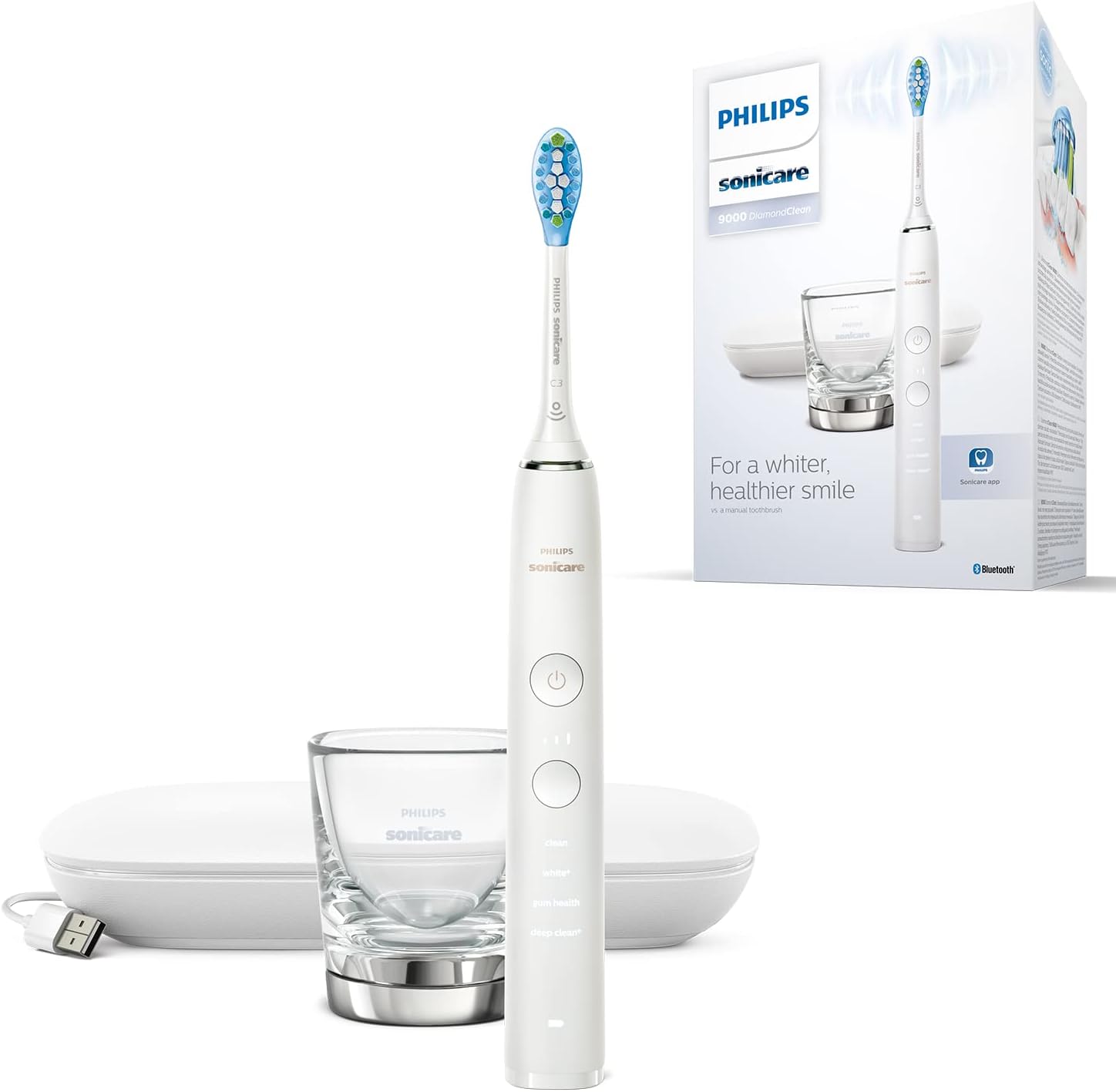 SONICARE Philips DiamondClean 9000 Electric Toothbrush HX9911/27 - Sonic Toothbrush with 4 Cleaning Programs, 3 Intensities, Pressure Control, Charging Glass and USB Travel Charging Case, White
