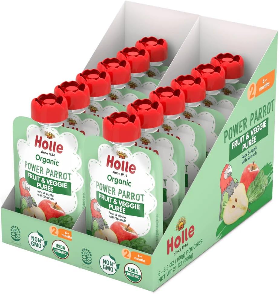 Organic Baby Food Pouches, Pear Apple Spinach, 12 Pack, 3.5 oz | USDA Organic, Non-GMO, Biodynamic, No Added Sugar or Salt, 6+ Months