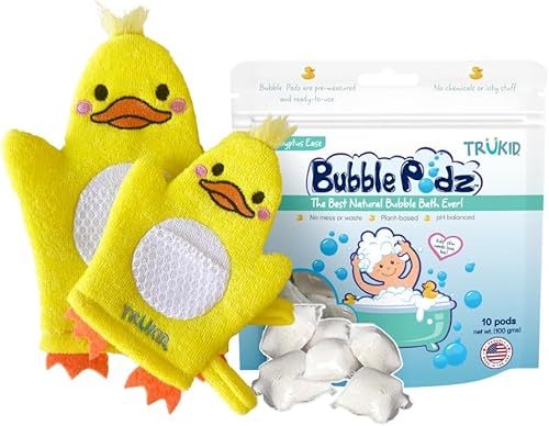 TruKid Paquete Bubble Podz & BubbleGlove - Incluye cápsulas de baño de burbujas de eucalipto de 10 unidades y 2 juegos de guantes de baño para