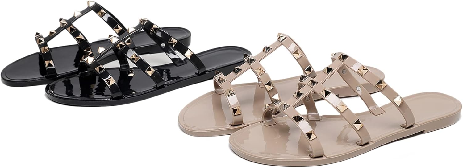 Women Flats Sandals, Studded Jelly Shoes Size 9 Red Dressy Summer Beach Rivets Strappy Jellies Slide Slip On Open Toes - Image 9