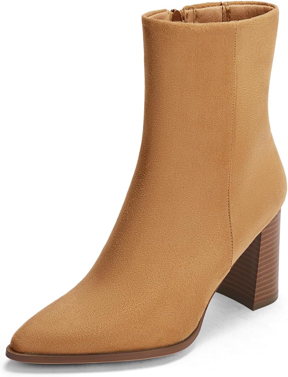 Womens Ankle Boots Pointed Toe Chunky Stacked Heel Side Zipper Dress Fall Booties Shoes