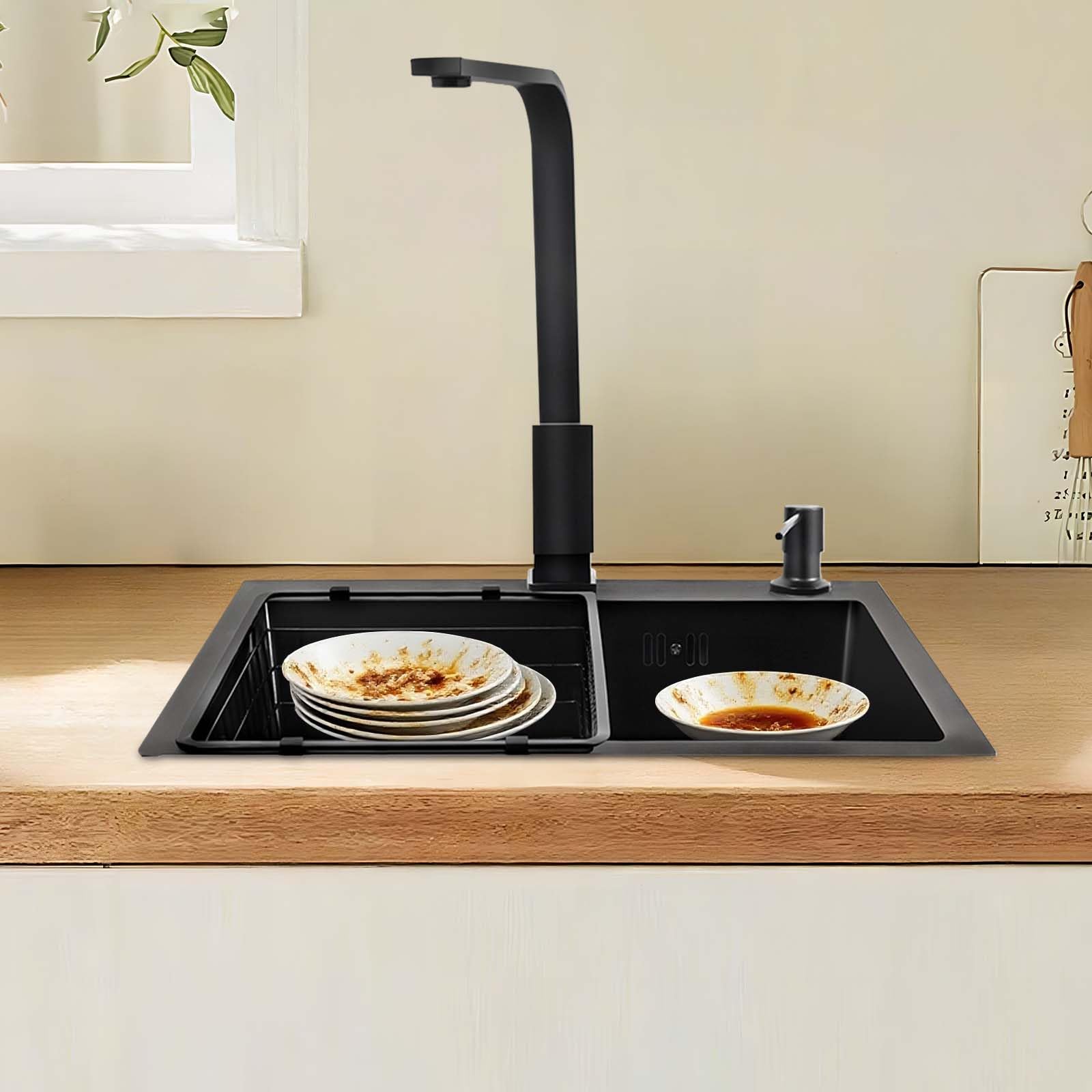 Fregadero de cocina de 45 x 40 cm Fregadero de cocina Inox con grifo extraíble 360 y escurridor integrado Fregadero empotrado Rayas con cesta de drenaje para cocina moderna y estudio