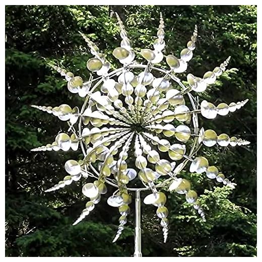 Clothinf New Unique and Magical Metal Windmill, 3D Wind Powered Kinetic Sculpture, Solar Spinners with Garden Stake Catcher Outdoor Lawn Patio Decoration Easy to Install, Silver, frb-965, 14 inches