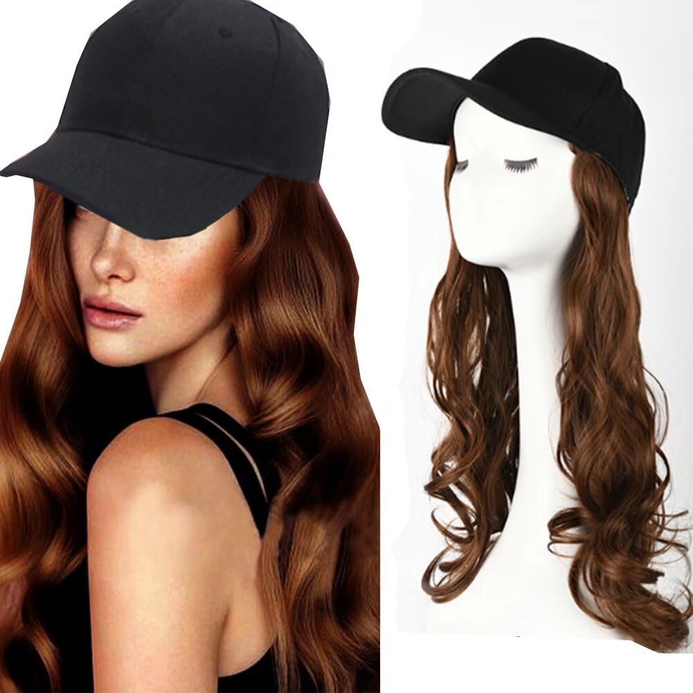 LaLuLoLi Light Brown Cap Hair Wavy Wig with Hat 22" Heat Resistent Natural Fiber Synthetic Curly Hair Extensions Attached Adjustable Black Baseball Cap Fits Women (Light Brown
