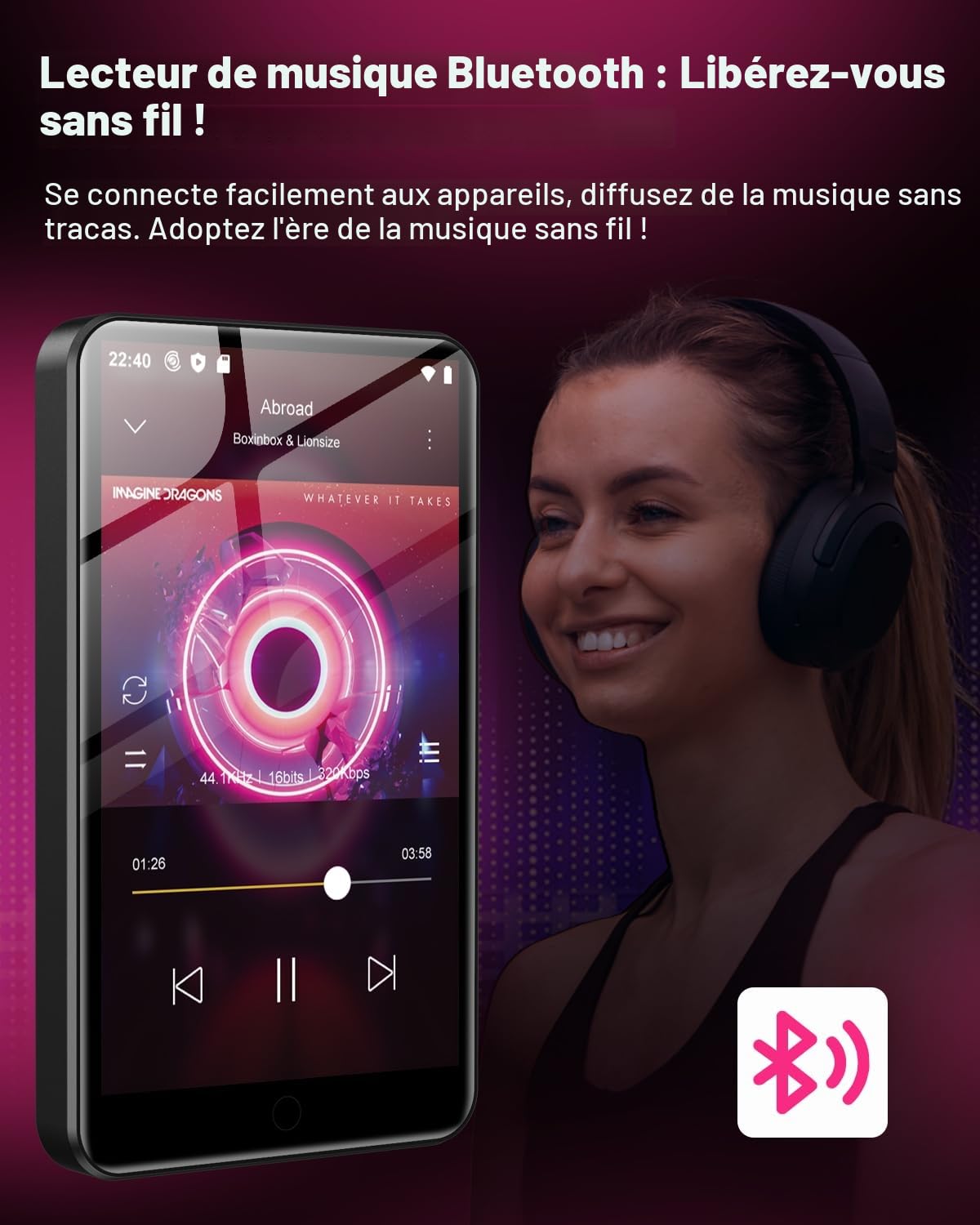 Lecteur MP3 80 Go avec Bluetooth et WiFi, écran Tactile 4 Pouces Lecteur MP3 pour Enfants Haut-Parleur intégré, Lecteur MP4 avec Spotify, Audible, Amazon Music, Deezer, Radio FM, jusqu'à 1To