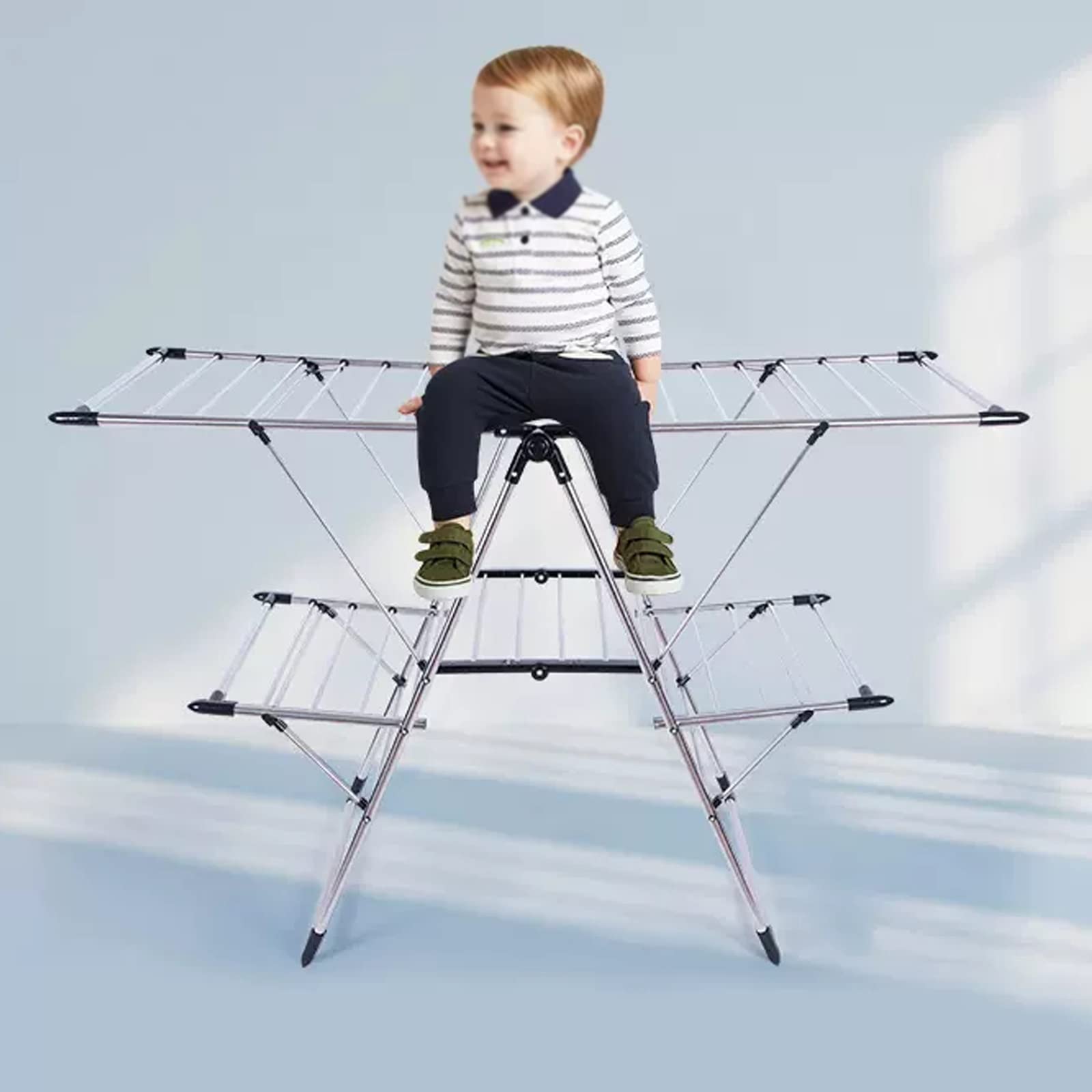 Wäscheständer, Heavy Duty Edelstahl Wäsche Trocknen Racks Höhe-einstellbare Seite Flügel Zusammenklappbar Kleidung