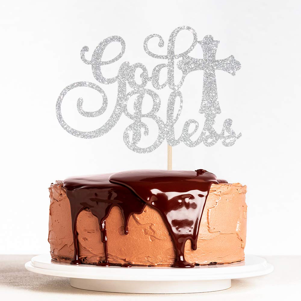 WeBenison God Bless Cake Topper Silver Glitter First Communion Decorations Bless This Child