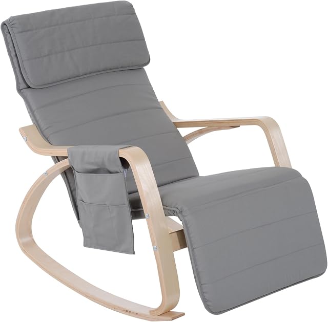 HOMCOM Wooden Rocker Rocking Lounge Chair Recliner Relaxation Lounging Relaxing Seat with Adjustable Footrest & Side Pocket & Cushion (Light gray)