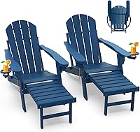 GreenVines Set of 2 Folding Adirondack Chairs with Ottoman, HDPE All-Weather Blue Fire Pit Chairs, Retractable Footrest & Cup Holders