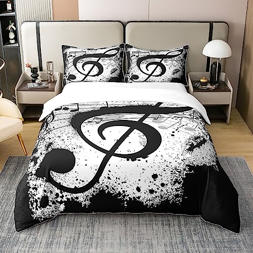 Music Notes 100% Cotton Duvet Cover Rock Music Themed Musical Pattern Bedding 100% Cotton Set for Kids Adults Grunge Design Duvet Set Ultra Soft Black White Room Decor King Zipper Quilt Cover