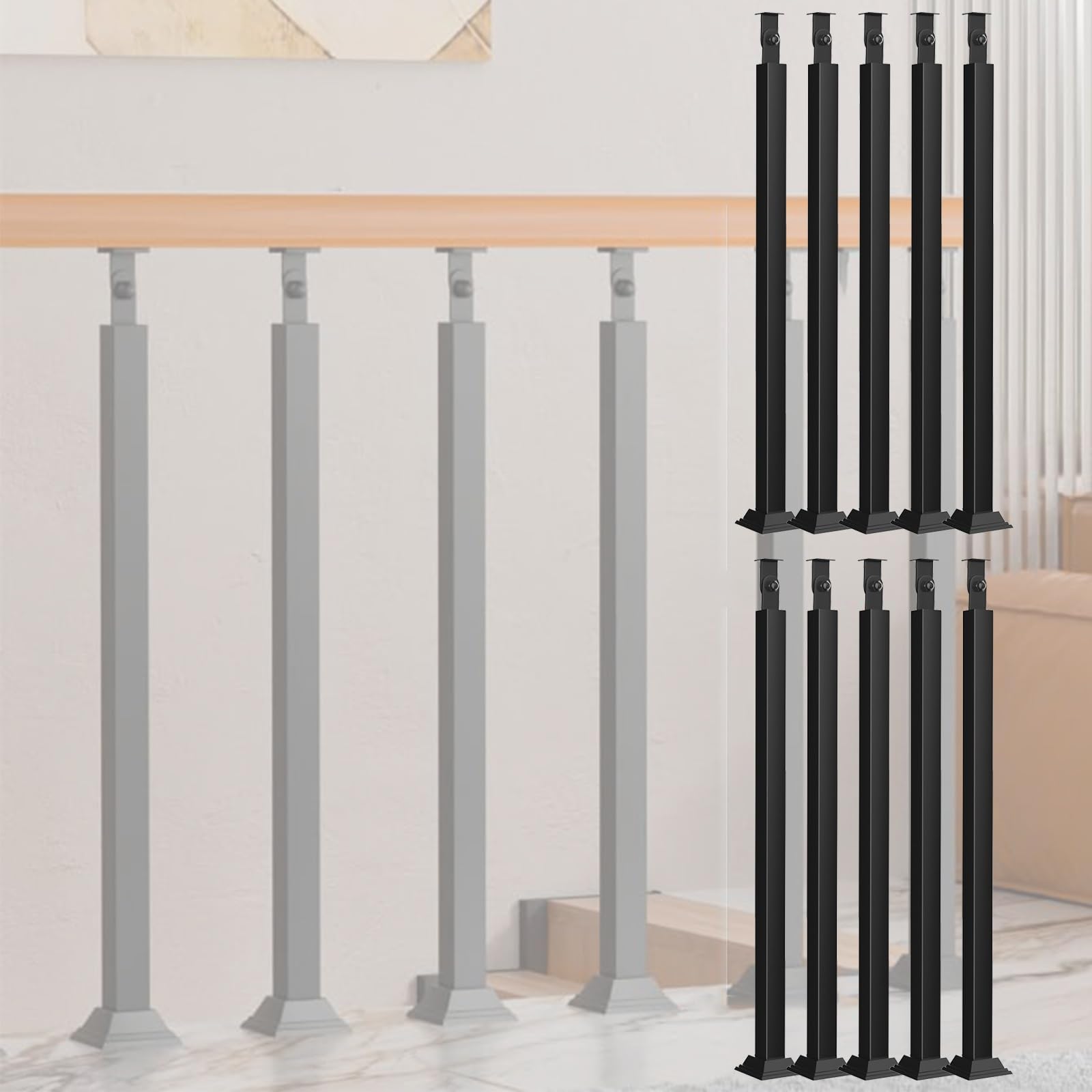 Zestaw balustrad schodowych z czarnego żelaza, 10 sztuk, 85 cm, regulowane słupki i wrzeciona na tarasy, balkony, schody – trwałe przebudowy schodów do użytku wewnątrz