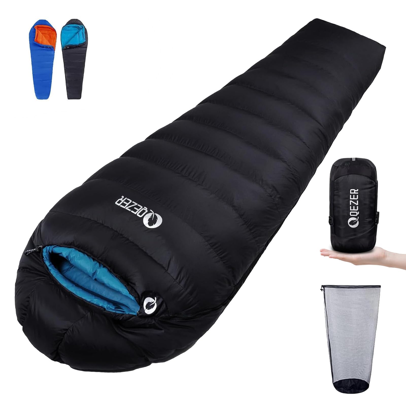 QEZER Down Sleeping Bag 4 Season, Lightweight Winter Sleeping Bag 0 Degree to -12 Degree C for Adults and Kid Camping, Hiking and Backpacking Outdoor Filled 600+FP Down (Black and Blue)