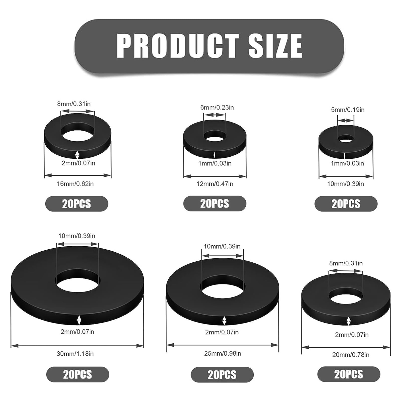 MisFun Rubber Flat Washers Set, 120 Pieces, 6 Sizes (10 x 5 mm, 12 x 6 mm, 16 x 8 mm, 20 x 8 mm, 25 x 10 mm, 30 x 10 mm) - Image 2