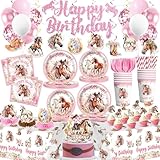 197 Pcs Cowgirl Birthday Party Decorations Tableware Set Serve 25, Horse Party Supplies Includes Plates, Napkins, Cups, Banner, Hanging Swirl, Tablecloth, Cake Topper, for Girl Birthday Decorations