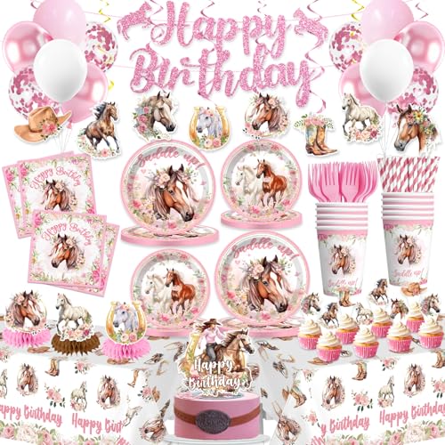 197 Pcs Cowgirl Birthday Party Decorations Tableware Set Serve 25, Horse Party Supplies Includes Plates, Napkins, Cups, Banner, Hanging Swirl, Tablecloth, Cake Topper, for Girl Birthday Decorations