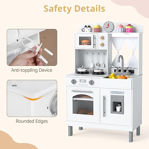 Miniatura 9 de INFANS Cocina para niños, juego de simulación de madera con alturas ajustables, sonidos realistas, máquina de hielo, horno microondas, juguete de