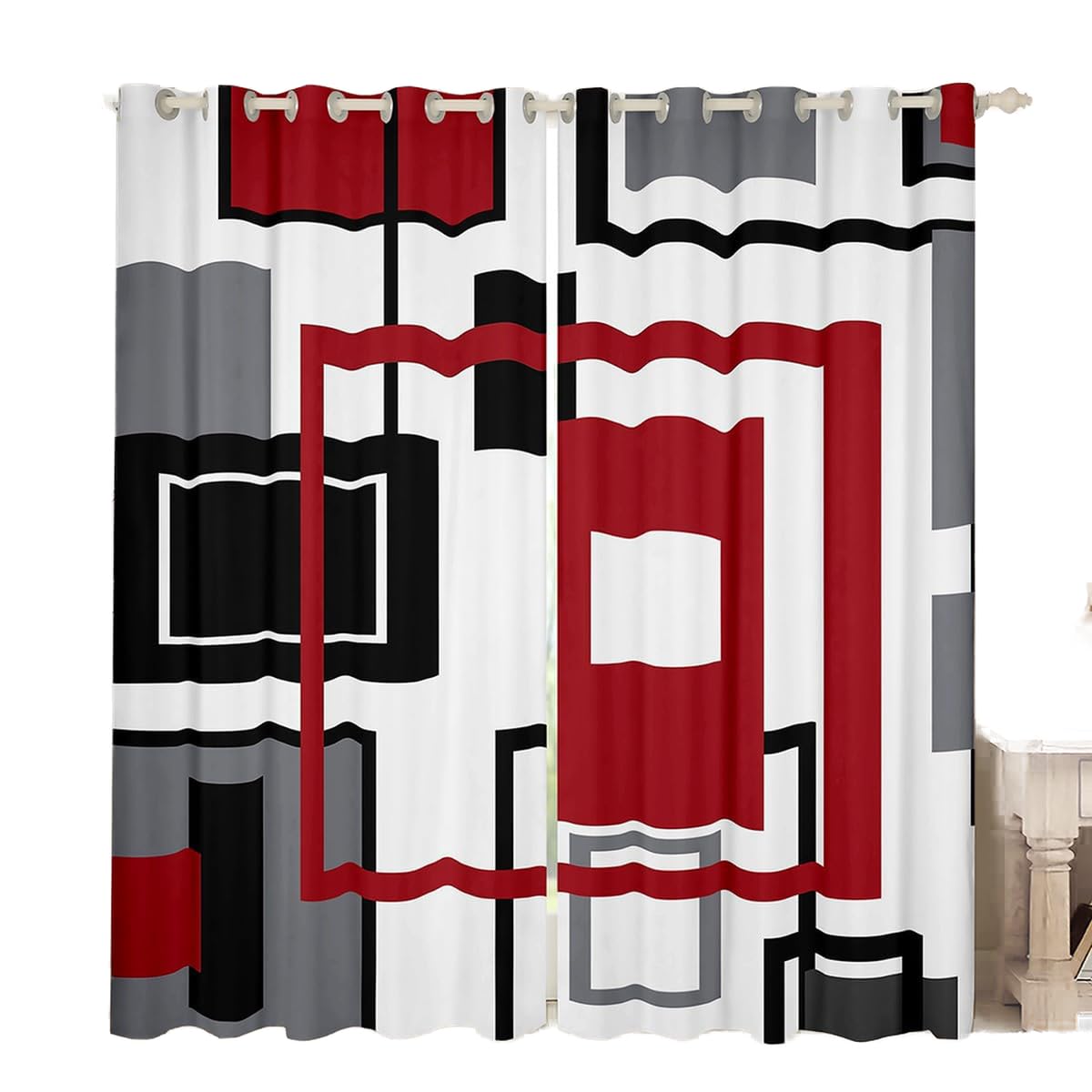 Homewish Red Black White Grey Blackout Curtains for Kids Boys Girls Bedroom,Geometric Square Window Curtains 66x90 Striped Window Curtains Modern Abstract Window Treatments 2 Panels
