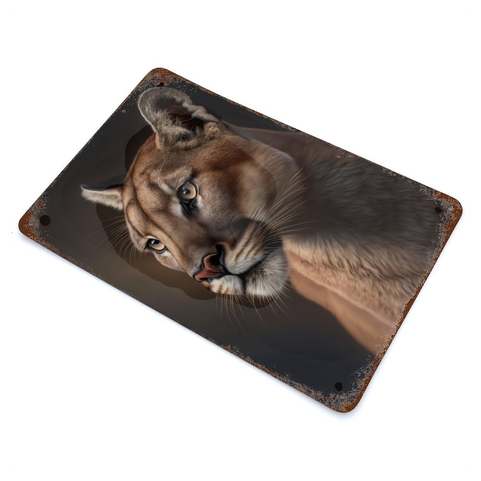 Aged Metal Wall Plaque with Cougar Portrait on Dark Design 11.8"x7.9", for Basement, Hobby Room And Garage Decor, Farmhouse Wall Decor