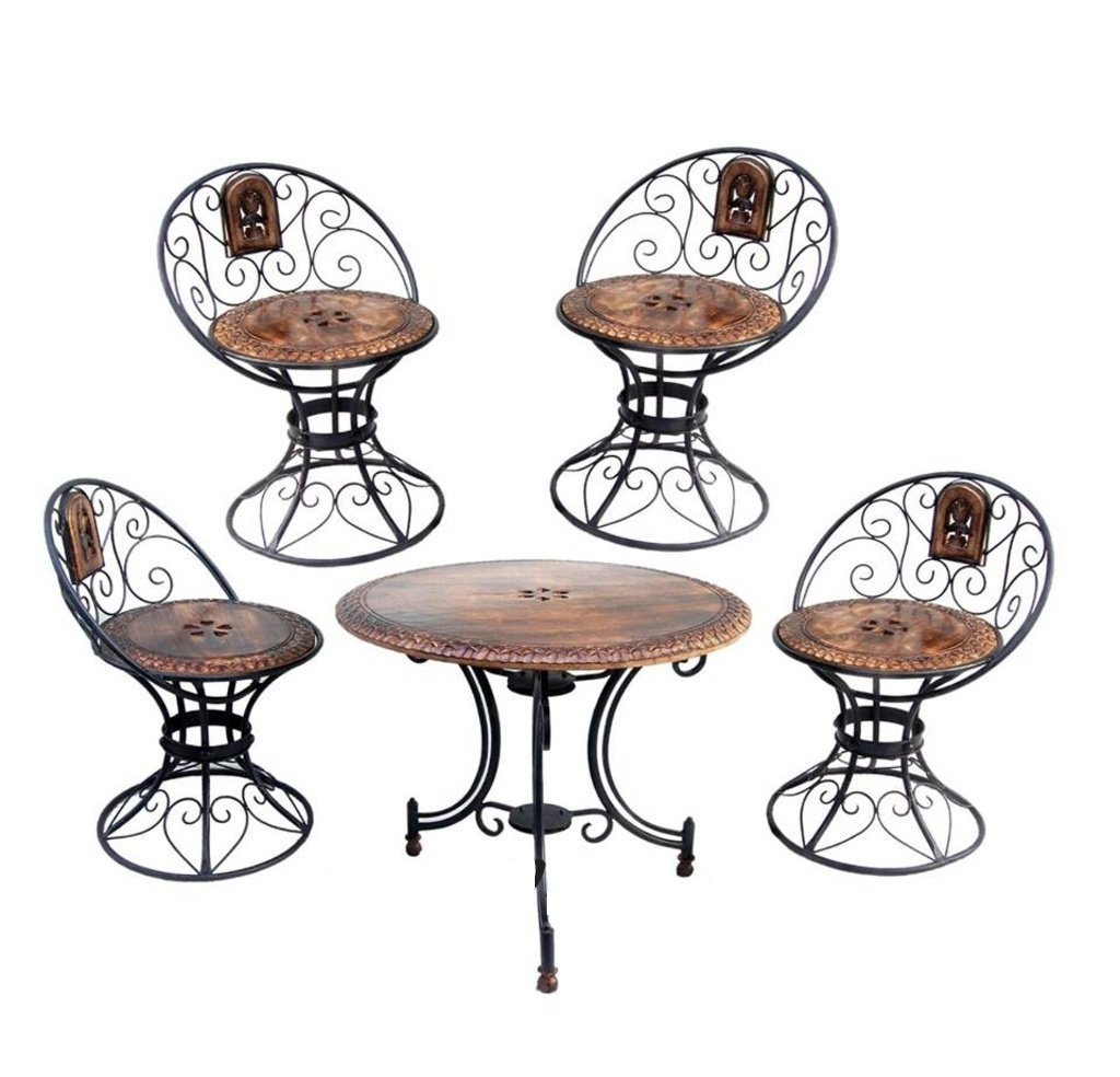 shilpi wooden & iron standard carved decorative folding table with 4 chair set/garden coffee table set-image-3