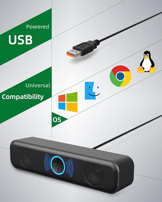 USB Computer Speaker for Desktop/Laptop/PC Gaming Speaker, Mini Computer Sound Bar with Stereo Loud Sound, Enhanced Bass, Dynamic RGB Light, Digital Volume Knob