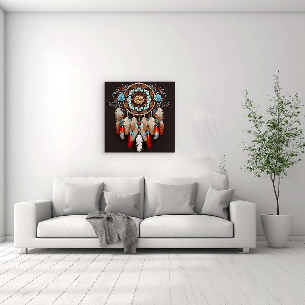 Canvas for Living room. Dreamcatcher Elegance: A Symphony of Turquoise, Berry Reds, and Feathered Hues Against a Gradient Brown Canvas, 27 x 18 inch Canvas Wall Art - Inspirational Office Decor