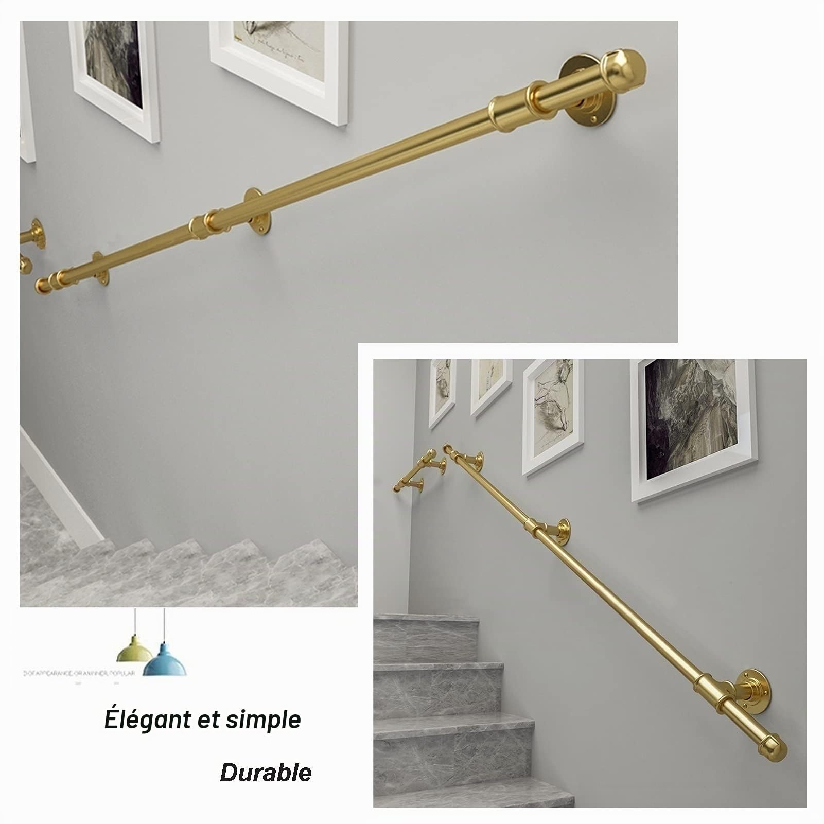 Main courante dorée pour escalier,1,5 m 2 m 2,5 m 3 m Kit complet de garde-corps d'escalier | Main courante d'escalier fixée au mur de barre de support, conception de conduite d'eau de fer en métal