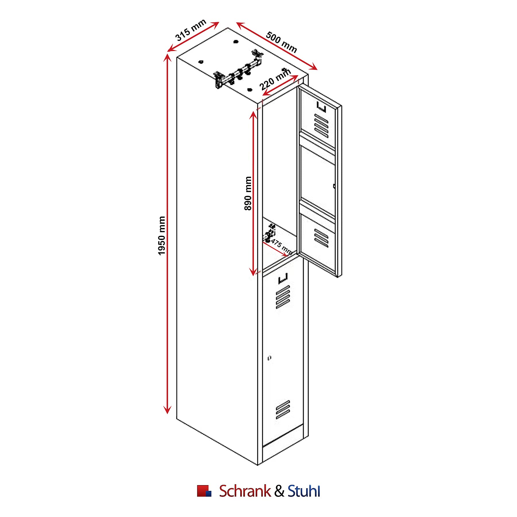 Schrank & Stuhl Spind – Metallspind mit 1 x 2 Abteilen 195 x 31,5 x 50 cm, Schließfachschrank mit Zylinderschlössern, Lieferung komplett montiert, Grau/Blau