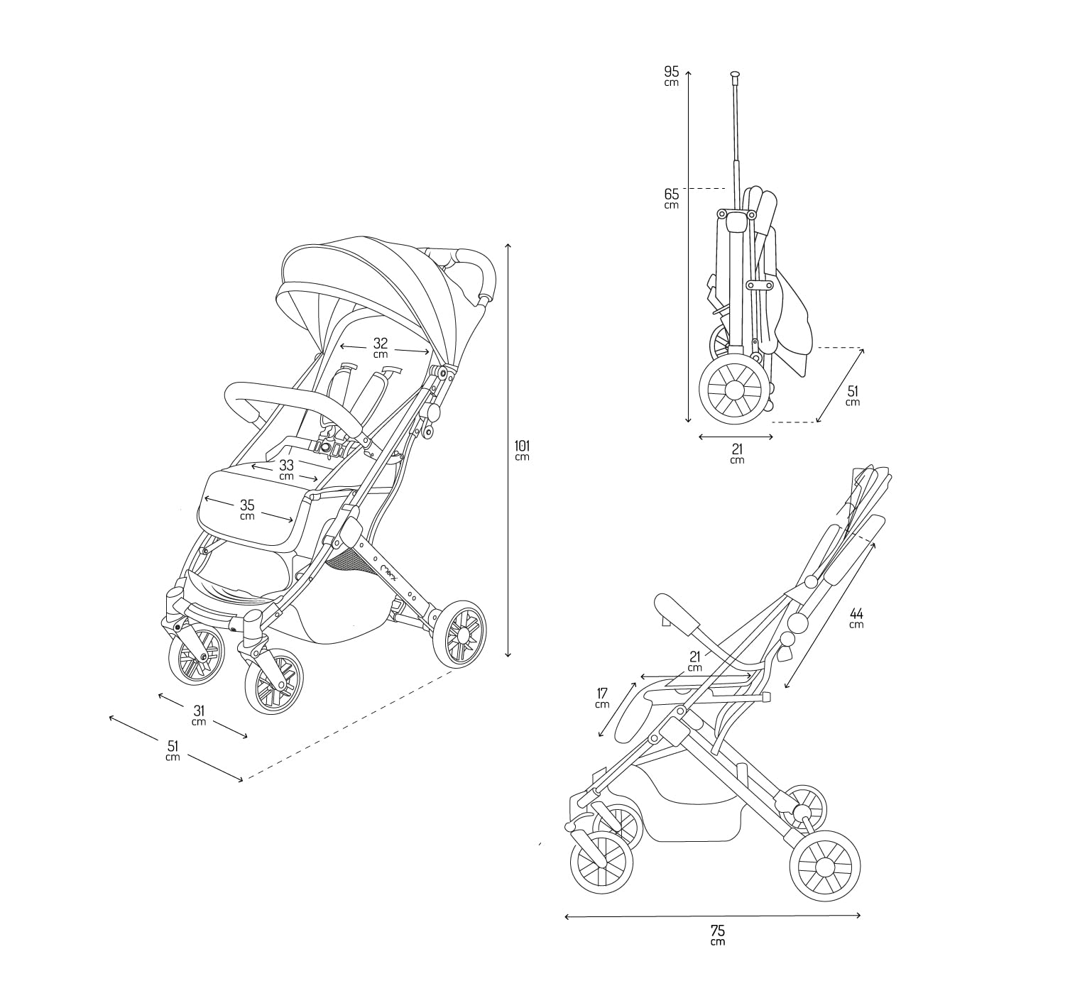 MoMi ESTELLE a partir de los 6 meses (hasta 15 kg), silla de paseo plegable con arnés de 5 puntos, cesta de la compra, barra telescópica, se mantiene de pie plegada